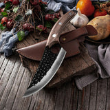 Hand-Forged Damascus Chef Knife with Leather Sheath – Premium Wood Handle, Professional Butcher Knife, Sharp High Carbon Steel Blade