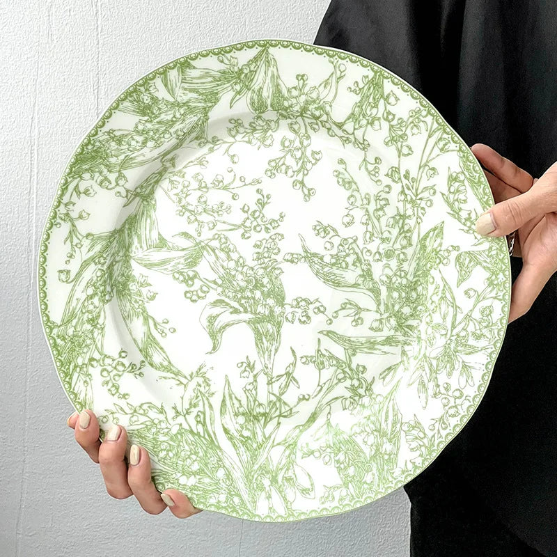 Vintage Light Green Flower Printed Ceramic Dinner Plate and Bowl Set - Retro Design Charger Plates and Dishes Set